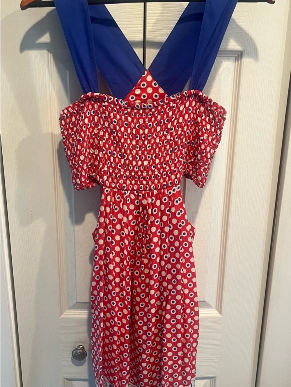 Anthropologie Red Polka Dot Mini Dress with Blue Straps Sz M - Picture 7 of 10